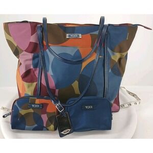 Tumi 3 Pc Voyageur Multi Color  Nylon Leather Trim Tote & 2 Coin Purses  DB5